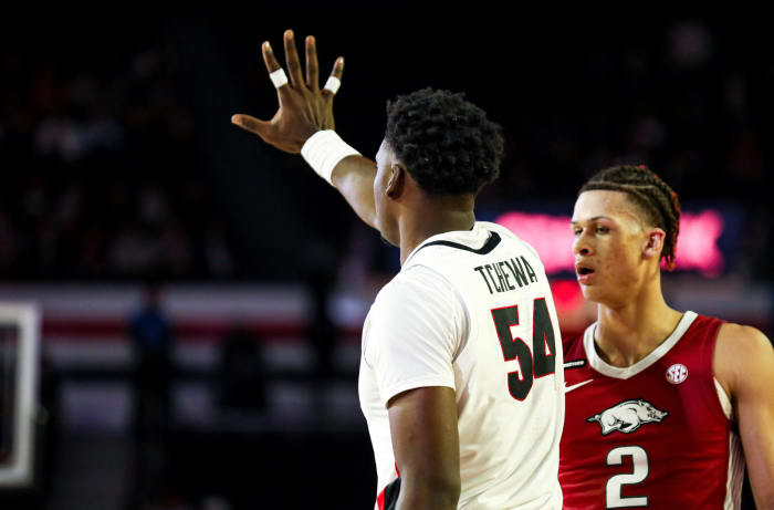 Georgia center Russel Tchewa during Georgia’s game against Arkansas at Stegeman Coliseum in Athens, Ga., on Wednesday, Jan. 10, 2024. (Emma Murray/UGAAA)